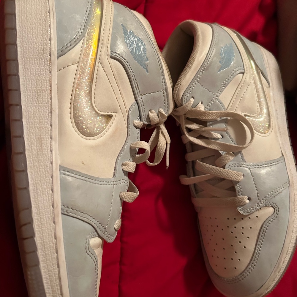 Nike Air Jordan 1 Low in Light Blue and White with Glitter Swoosh